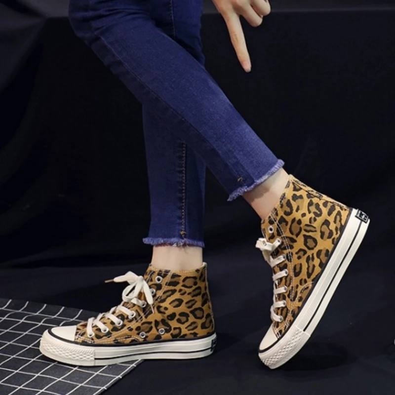 SJJH Women Canvas Leopard Sneakers High Low Top Comfortable Shoes Vulcanize Flats Casual Chaussure Lace-up Ladies Footwear D004