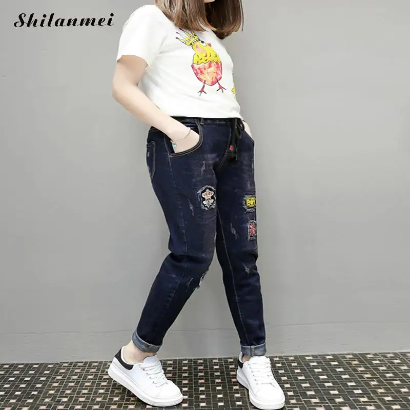 20 Для женщин Джинсы для эластичный пояс Кружево карманных Вышивка потертые