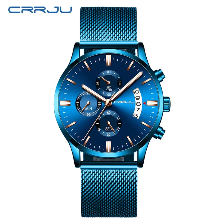 Relogio Masculino CRRJU, новинка, Топ бренд, роскошные часы, мужские Модные Повседневные кварцевые часы, мужские синие водонепроницаемые часы из нержавеющей стали - Цвет: blue rose