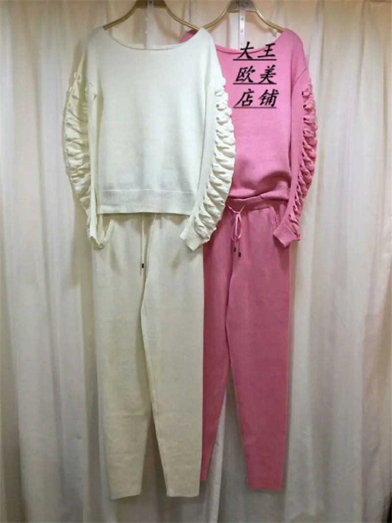 

Спортивные костюмы из шерсти и кашемира, новинка 2021, вязаный костюм из меха норки, обжимные рукава, пуловер с круглым воротником, повседневн...