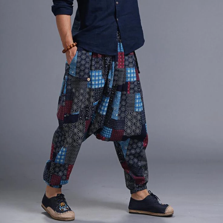 

#2801 Spring Summer Printed Linen Cotton Harajuku Vintage Cross-pants Men Soft Loose Hip Hop Pants Men Joggers Elastic Waist