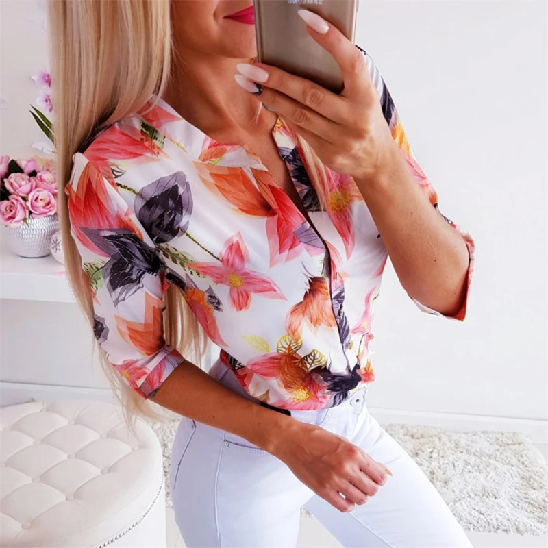 

Fashion Womens Tops and Blouses Elegant Summer Short Sleeve Floral OL Shirt Ladies Flower chemise femme blusas Streetwear