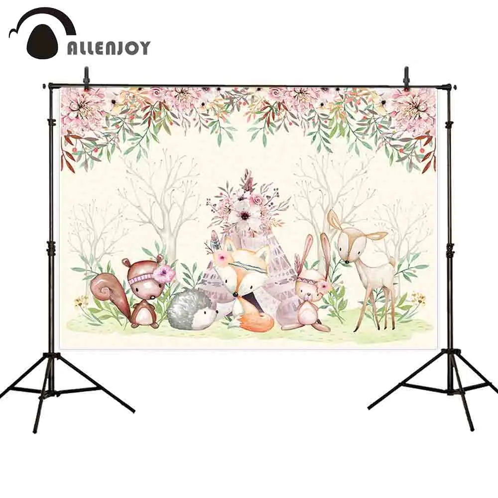 

Allenjoy photography background pink flower tent painting animal woodland baby shower backdrops photocall photophone photozone