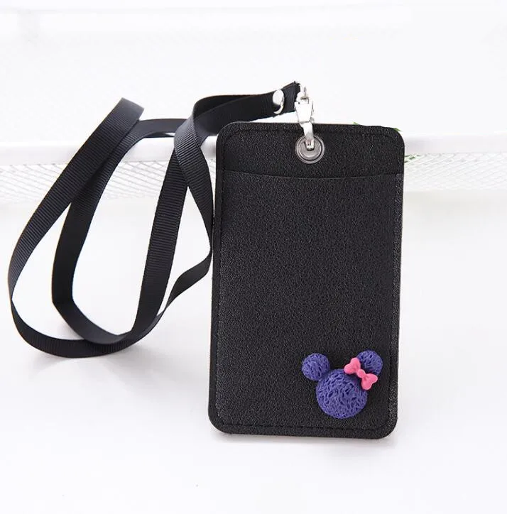 black Mickey Милый мультяшный карамельный цвет из искусственной кожи держатель для карт со шнурком Кролик для девочек Kawaii автобус Чехол для карт значок кредитный держатель для карт s Обложка - Цвет: black Mickey