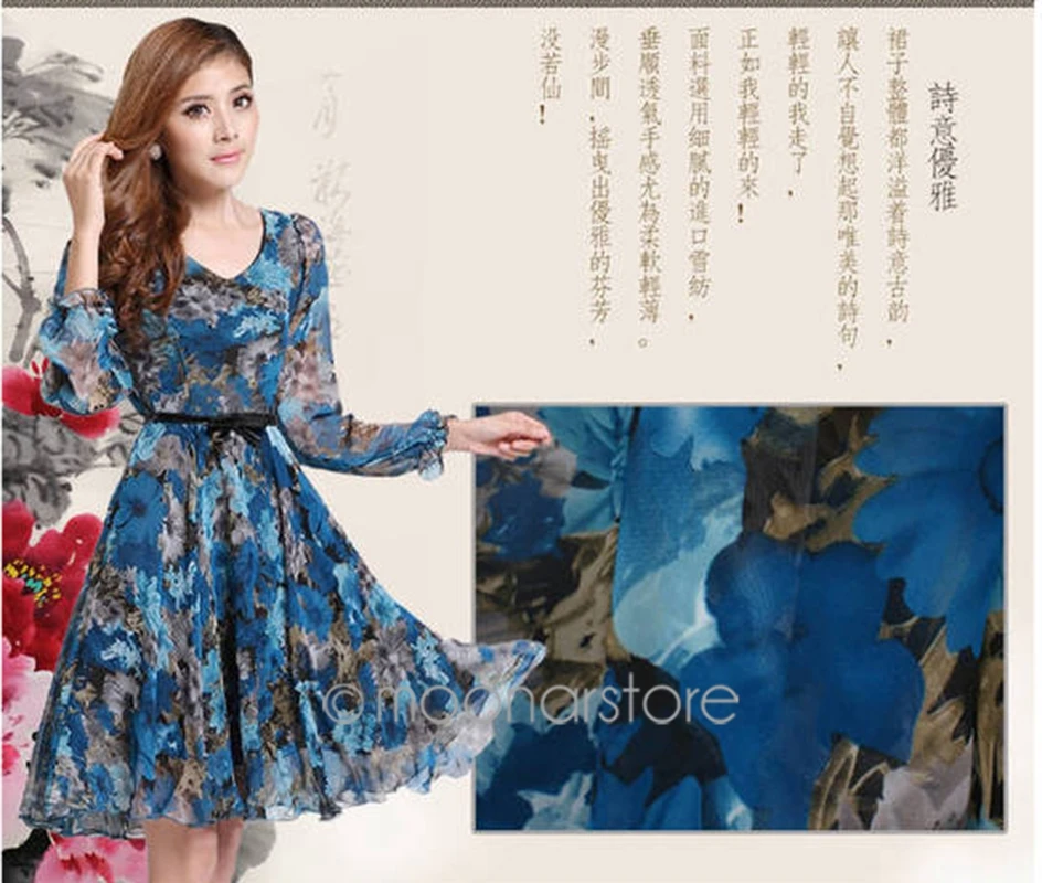 Европейский v образный вырез цветочный принт шифоновое тонкое платье с длинным