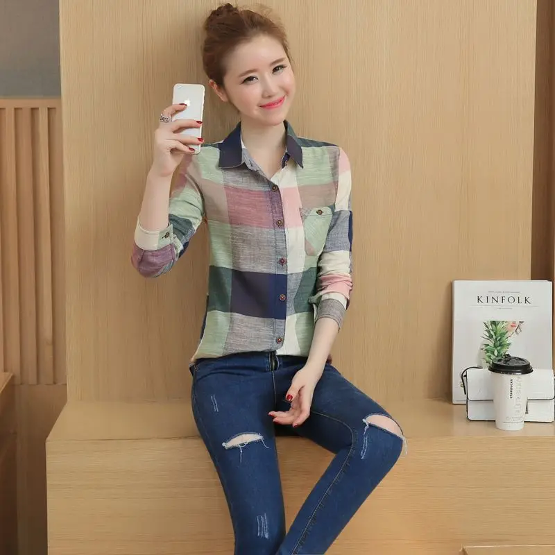 Корейский Клетчатый консервативный Стиль Блузка Весна Осень 2019 Новый кардиган с