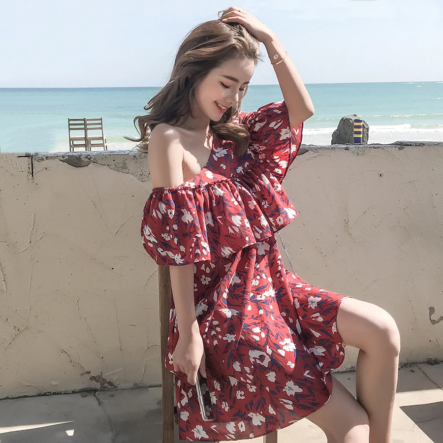 Plus size Summer Floral Chiffon Dress Boho 2018 Elegant Women club Mini Dresses Party Sexy Off Shoulder Sundress Beach Vestidos | Женская