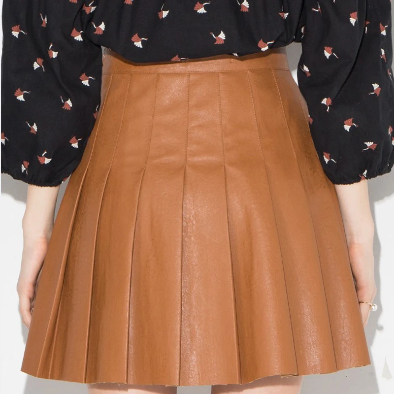 HYH HAOYIHUI Apparel Khaki Ruched Preppy Mini Casual Loose Leather Skirt Women Bottom Spring PU Basic Pleated Elegant | Женская одежда