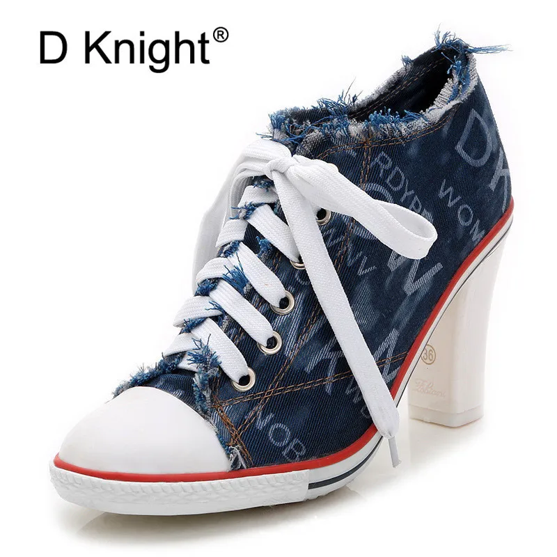 

High Quality New 2019 Women's Shoes Denim High Heels Spring Summer Canvas Shoes Hot Sale Roma style Women Pumps Large Size 34-40