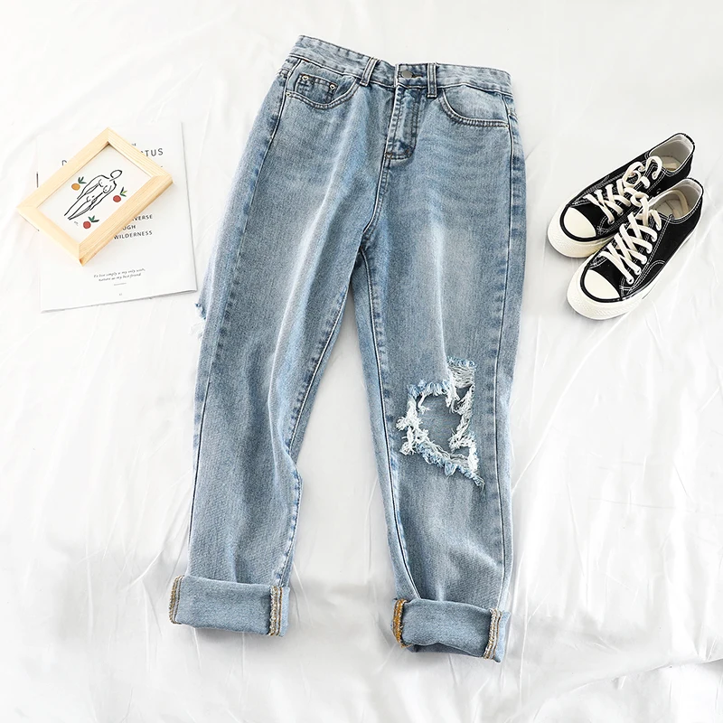 2019 новые модные Для женщин джинсы Винтаж отверстие Высокая Талия Свободные Штаны