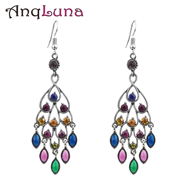 Женские серьги капельки с большими кристаллами в стиле бохо из перьев павлина