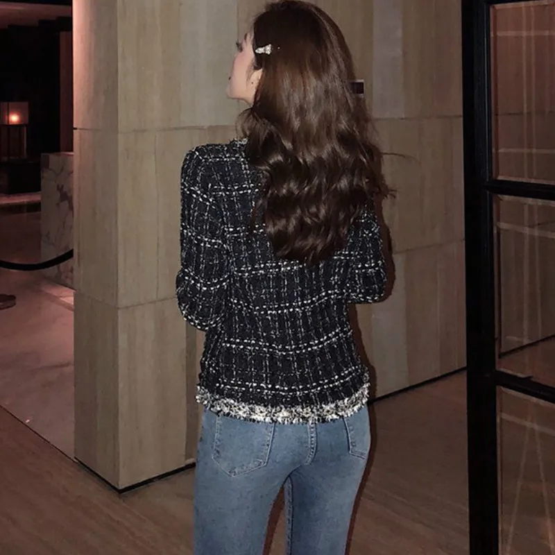 

Vintage Black Tweed Plaid Jackets Buttons Coats Mini Geometric Blazer Long Sleeve Woman Suits Tassels Cardigan Outerwear Tops