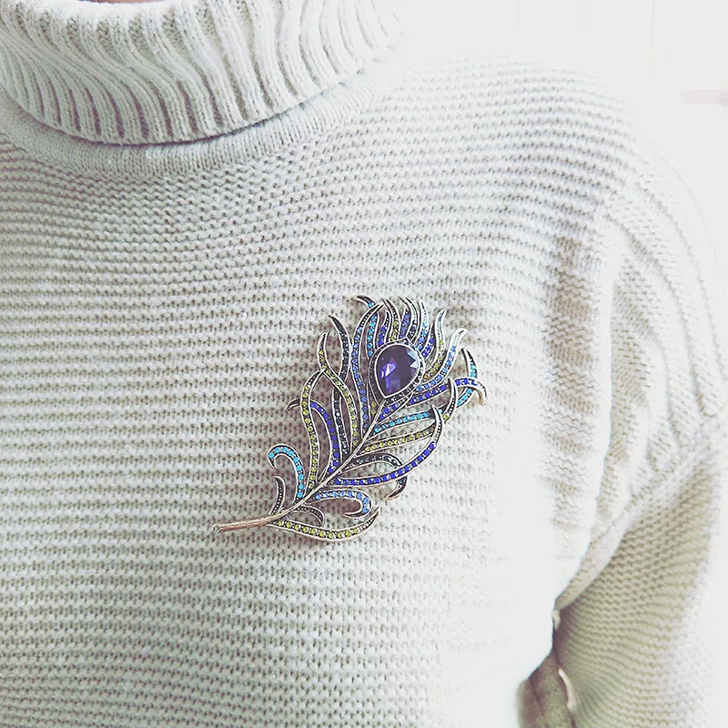 Women Vintage Feather Brooch Pin Antique Crystal Rhinestone Jewelry Accessory |
