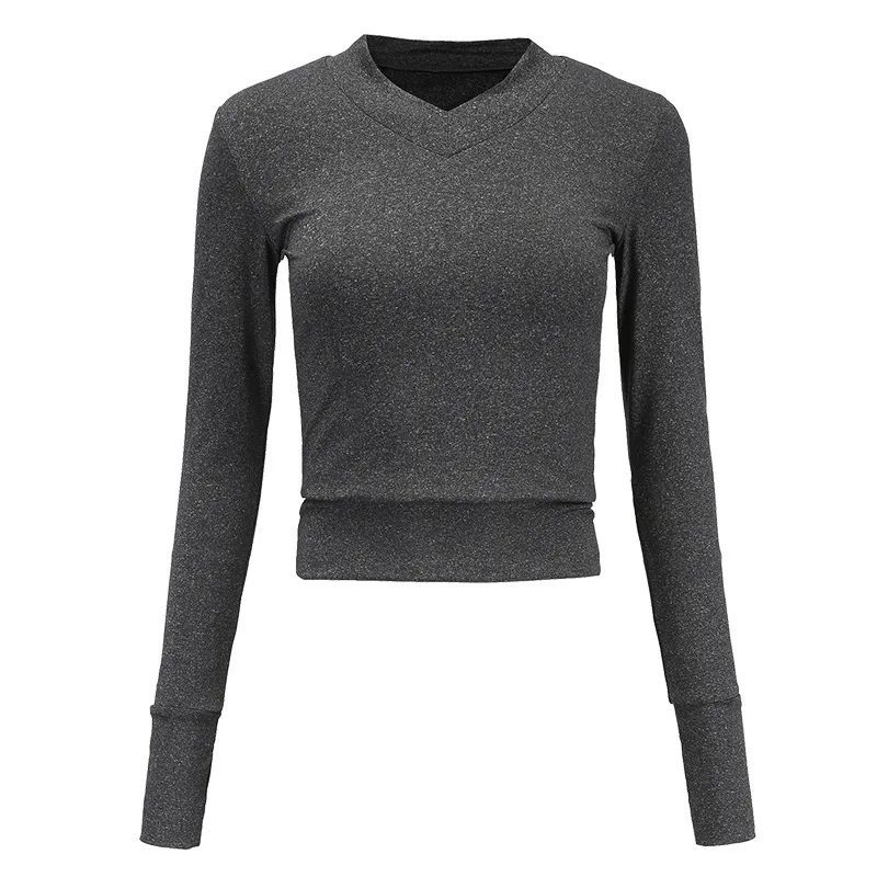 Женские топы для тренировок с v-образным вырезом, длинный рукав, с отверстиями для большого пальца, облегающая Спортивная футболка, осенняя одежда для йоги, фитнеса