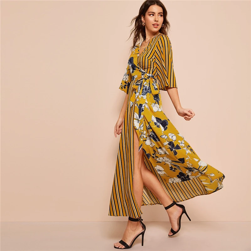 SHEIN платье в полоску с цветочным принтом, платье с вырезом, рукав три четверти, женские платья с высокой талией, весенне-осенние платья