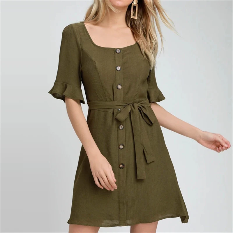 Женские платья с квадратным вырезом 2019 короткий рукав-клеш однотонные