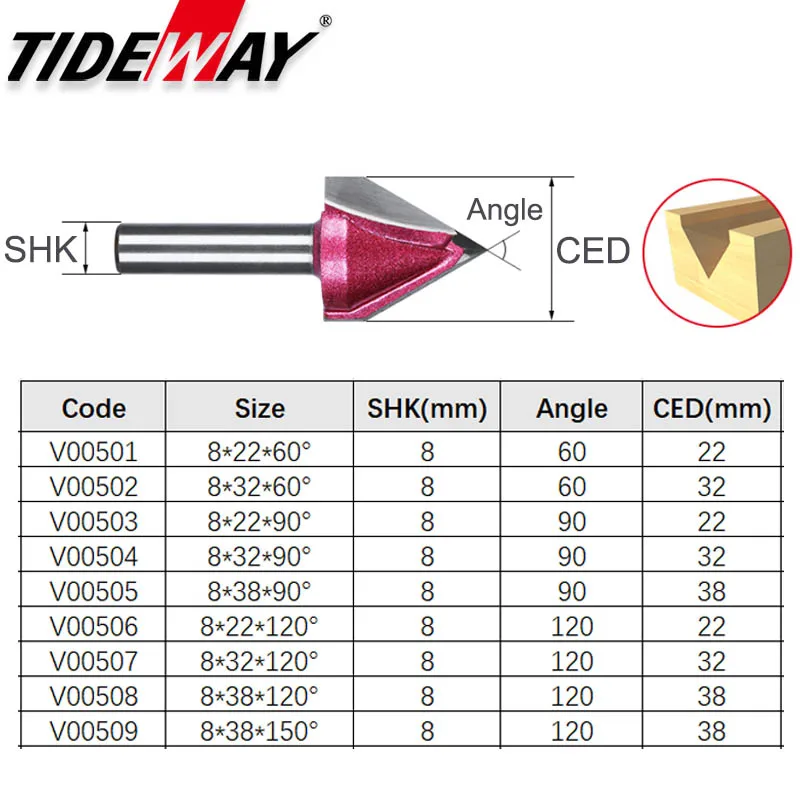 Tideway 8 мм хвостовик V Бит фрезерные фрезы для древесины Вольфрам