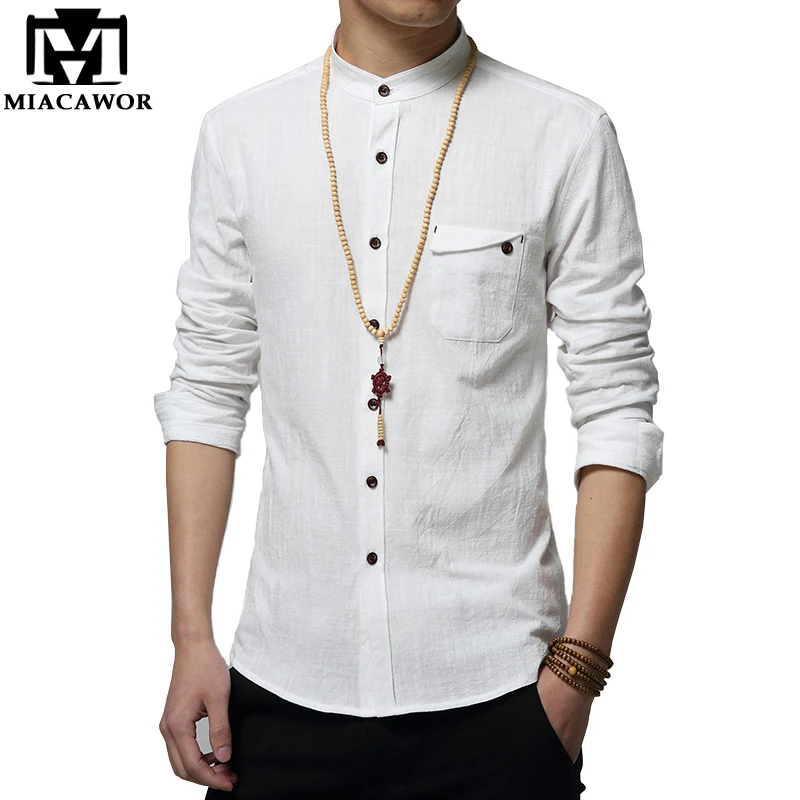 MIACAWOR Cotton Linen Men Shirt New 2018 Stand Collar Casual Male Slim Fit Mens Shirts Long-Sleeve Camisa Hombre 5XL MC250 | Мужская