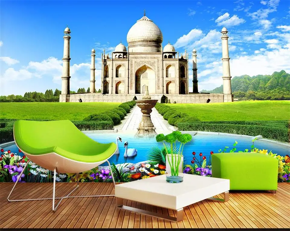Пользовательские Настенные обои 3d Фото Обои номер Фреска Taj Mahal Лебедь озеро фото
