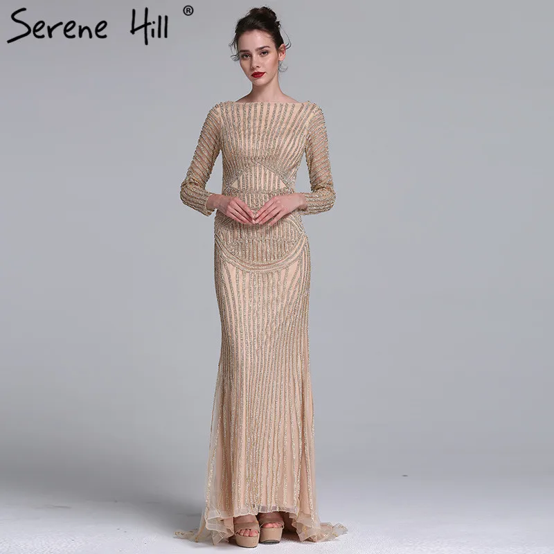 Sexy Gold Nude Mermaid Diamond Evening Dress Long Sleeves Luxury Gowns 2021 Serene Hill LA6015 | Свадьбы и торжества
