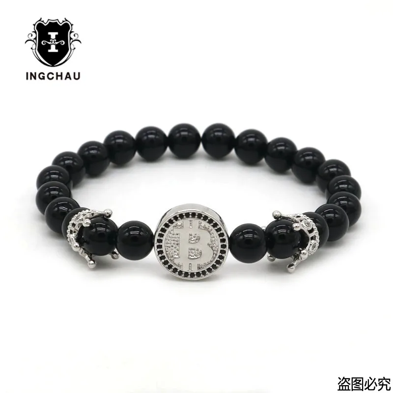 2018 модный браслет с короной и биткоином мужской из черного оникса камнем для