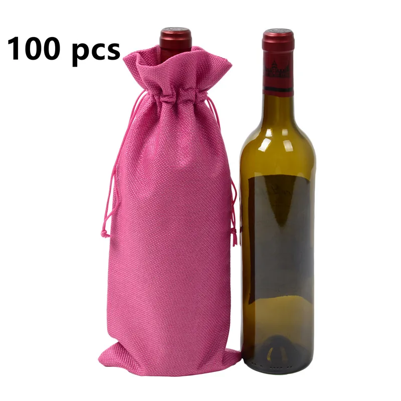 100pcs Jute Wine Bag red wine Bottle Cover Gift Champagne Pouch Hessian burlap Packaging bag Wedding Party Decoration Wine Bag