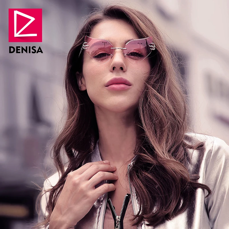 Женские солнцезащитные очки без оправы DENISA розовые с кошачьим глазом UV400