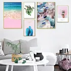 Картина на холсте, розовый цветок, перо, скандинавский постер, Пляжная настенная Художественная печать, картина для гостиной, спальни, домашний декор, 