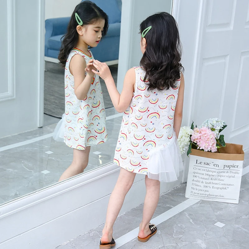 Rainbow Girl Dresses Patchwork Mesh White Kid A-line Sleeveless Princess Fairy Dressing for Girls Children's Clothing | Детская