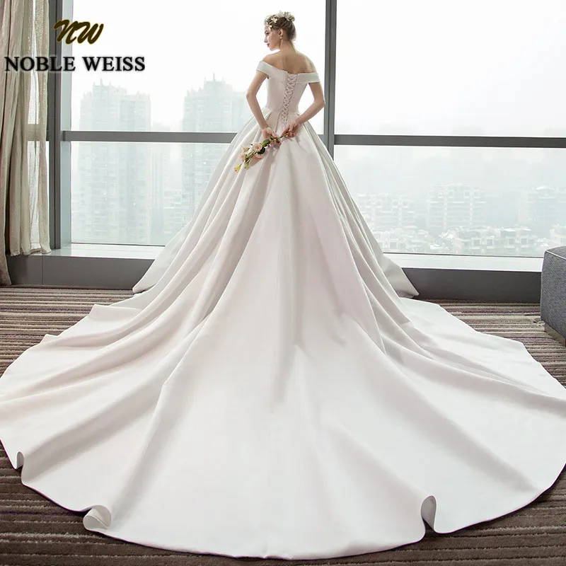 NOBLE WEISS Luxury Satin White Wedding Dresses A-line Long Court Train Bridal Gowns With Sexy Off the Shoulder Vestido De Novias | Свадьбы и
