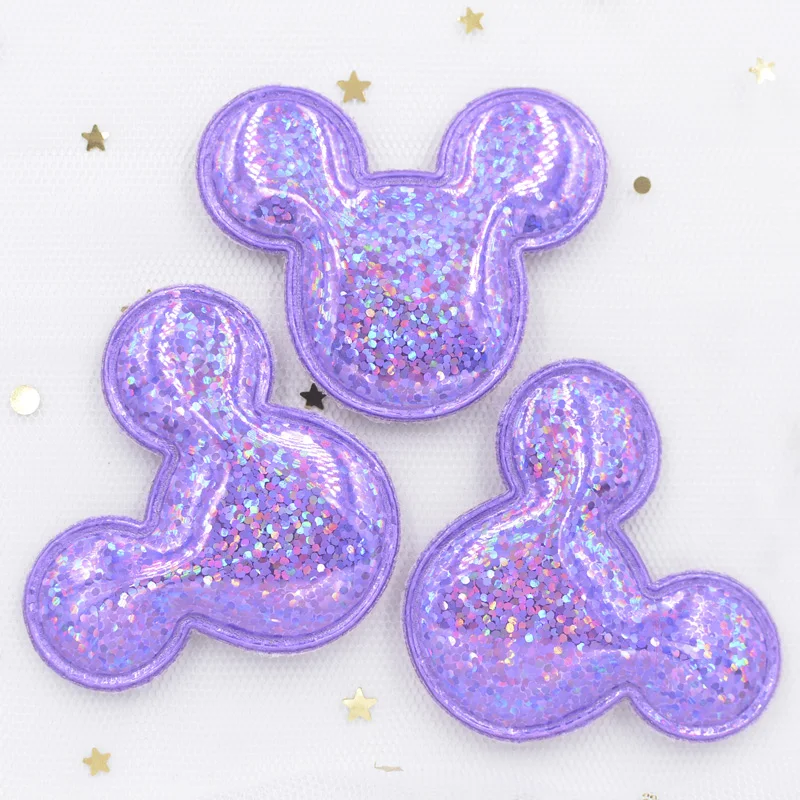 Purple Модные блестящие лазерные накладки из искусственной кожи для маленьких девочек, 12 шт., аксессуары для волос, Аппликации Микки для рукоделия, BB клипсы, орнамент, F53 - Цвет: Purple