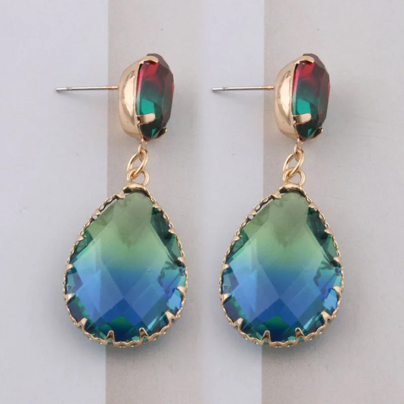 Gradient polan green NeeFuWoFu, серьги в форме капли воды, стеклянные серьги для женщин, большие серьги в богемном стиле с кристаллами, модные ювелирные изделия, подарок для девочки - Окраска металла: Gradient polan green