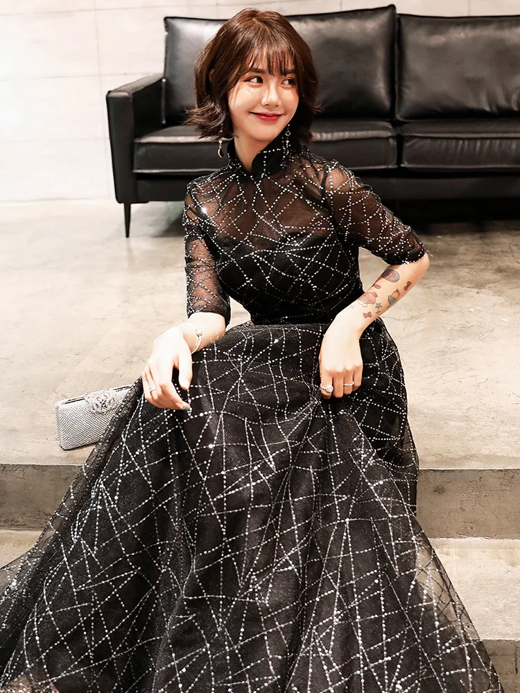Beauty Emily Elegant Evening Dresses Black Sequined A Line Sexy Illusion Stain Heavy Beaded Formal Dress with Sashes | Свадьбы и