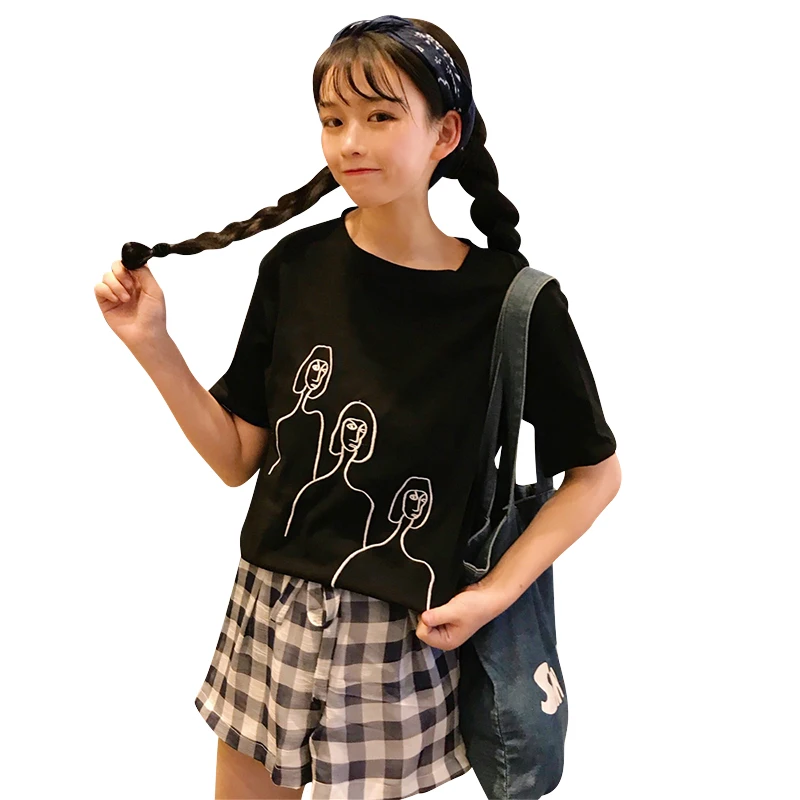 Женская футболка с вышитым персонажем из мультфильма Harajuku однотонная Корейская