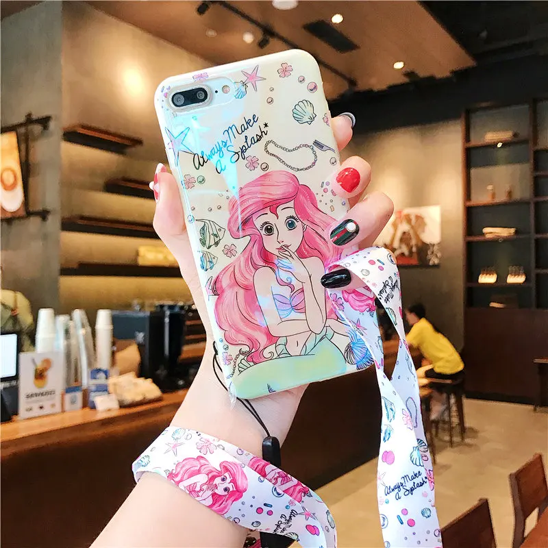 For iPhone 7 7plus princess Ariel / jasmine phone Cases iphone X 6 6s 6plus 8 8Plus Blue ray soft back cover + strap |