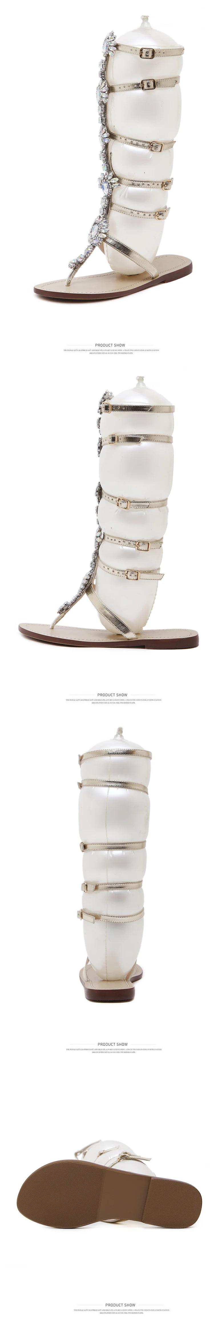 Aneikeh/Сапоги до колена обувь с пряжкой buckle Strap Flats открытые ботинки с ремешками в стиле «Гладиатор»; сезон лето; стразы; женские ботинки Женская обувь в богемном стиле Стиль с украшением в виде кристаллов Пляжная обувь