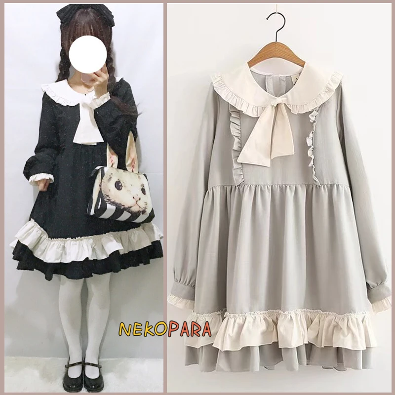 

Sweet Girl Big Ruffles Trim Spring Lolita OP Dress Women's Long Sleeve Bows Cute Dress One Piece Color Green & Black
