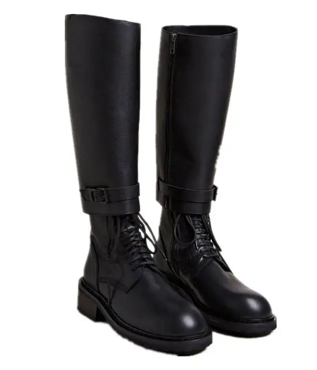 black long boot Mcacchi/Новинка; сапоги до колена на шнуровке с пряжкой; женская кожаная зимняя обувь на низком квадратном каблуке и плоской подошве; два способа носки; рыцарские сапоги в байкерском стиле - Цвет: black long boot