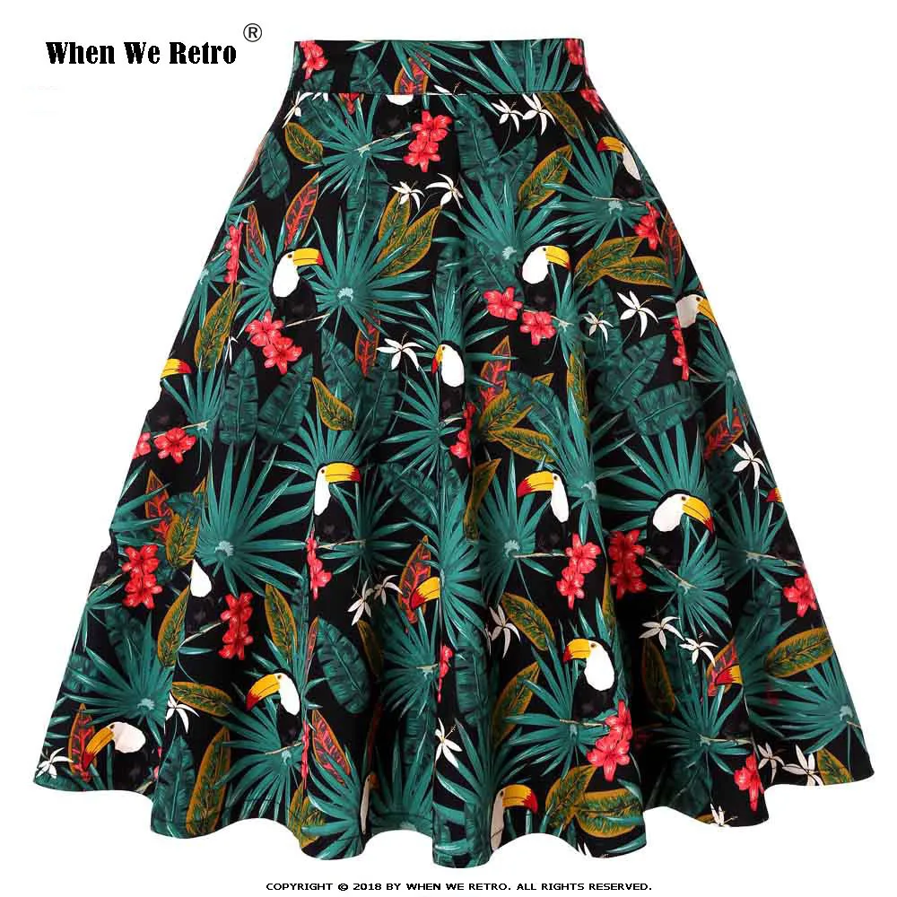 Parrot Palm Flower Когда мы ретро лето цветочный принт винтажная Юбка Femme Плюс Размер Высокая талия длина до колена юбка трапециевидная Женская юбка - Цвет: Parrot Palm Flower