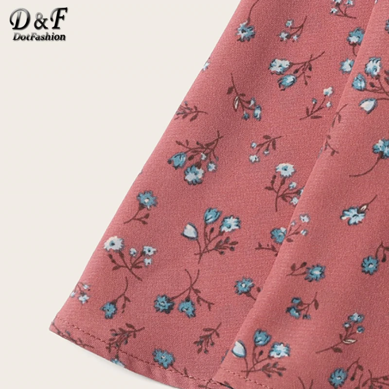 Dotfashion, розовое платье с цветочным узором и бантом на шее, с оборкой, женское платье,, бохо, милое, без рукавов, ТРАПЕЦИЕВИДНОЕ, с высокой талией, короткое платье