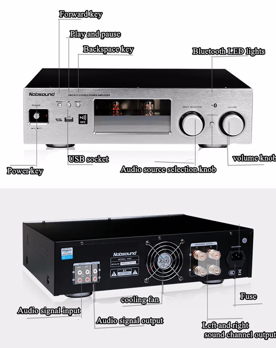 Nobsound PM5 Hi-Fi стерео усилитель мощности NFC усилитель беспроводной bluetooth-связи Поддержка USB CD DVD 80 Вт+ 80 Вт Мощность черный/серебристый
