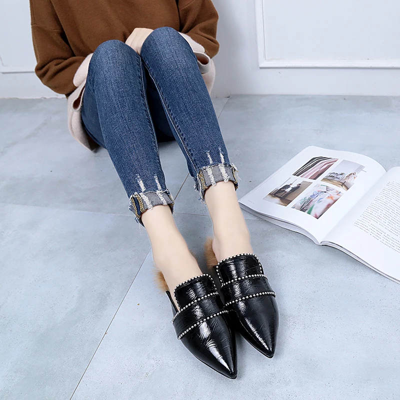 2020 Autumn New Sexy Women Slippers Outdoor Bead Low Heels Elegant Shoes Woman Comfortable Western Style Ladies Black | Обувь