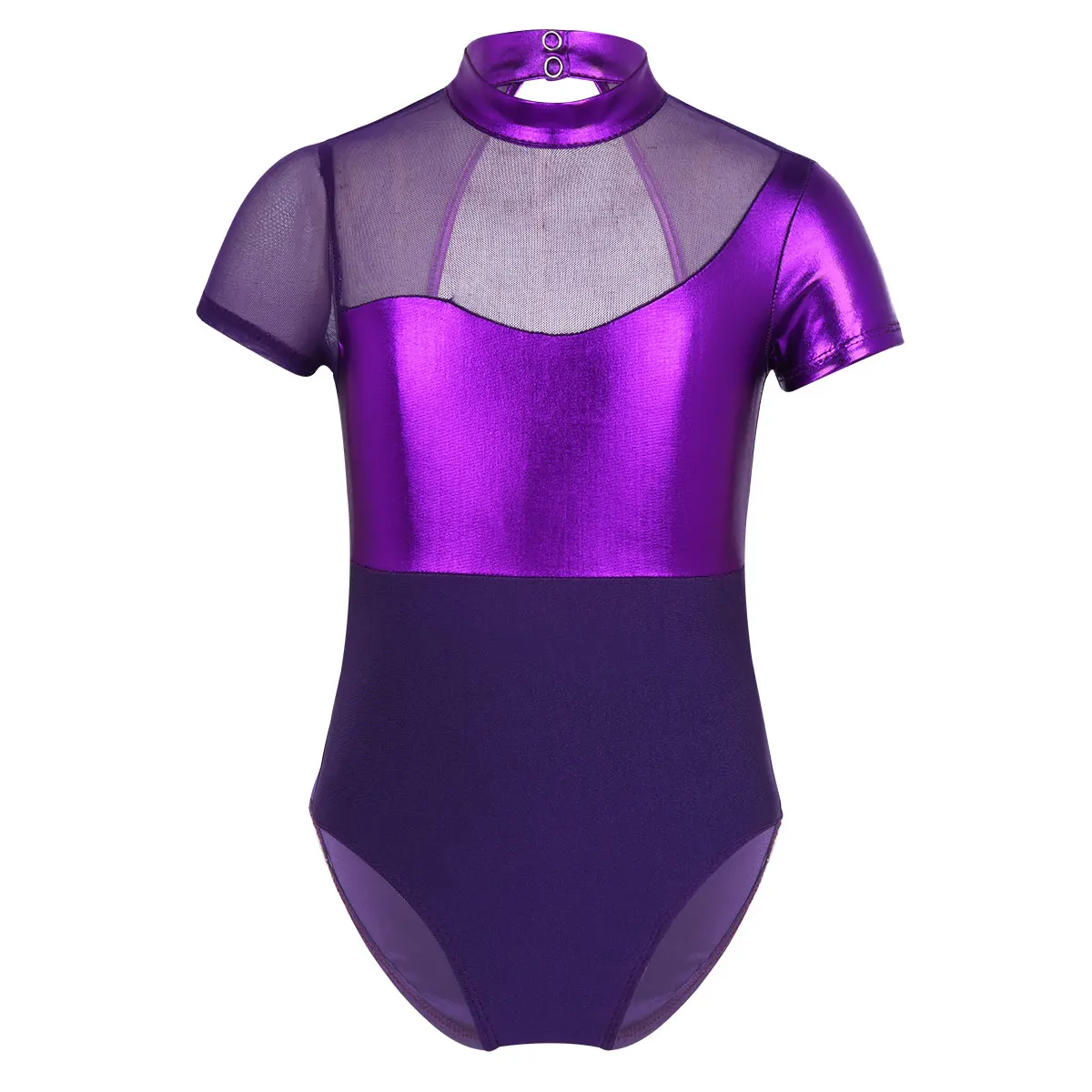 Purple Детский Блестящий металлизированный в сетку для девочек, Цельный купальник с вырезом сзади, балетные и гимнастические трико, Детская Одежда для танцев - Цвет: Purple