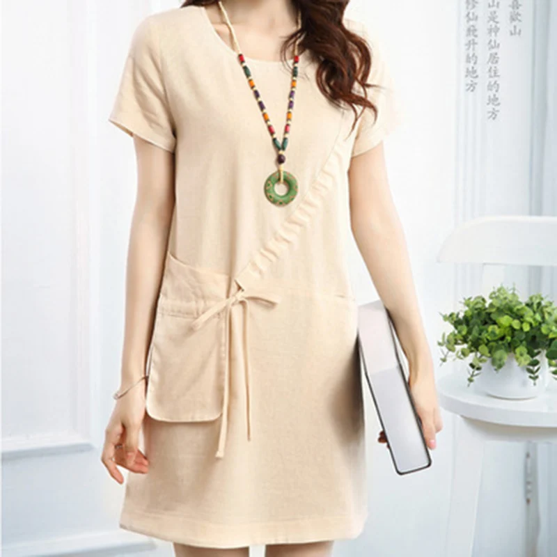 

2019 Summer vestidos short Sleeve Pockets women dress casual loose A-Line Solid cotton Linen dress o-neck vestidos de festa