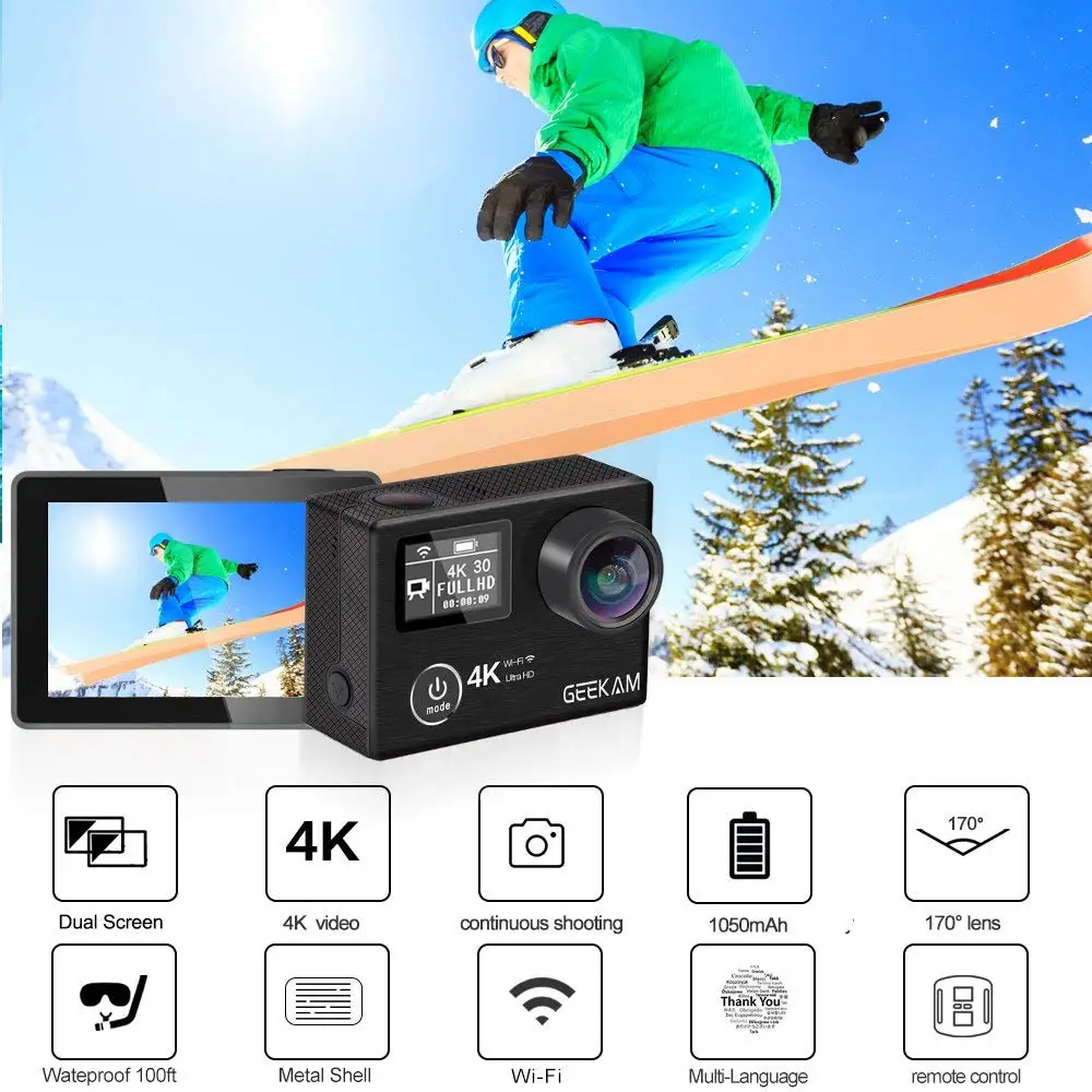 Экшн-камера GEEKAM K3R/K3 Ultra HD 4 K/30fps 20MP WiFi 2," 170D с двойным экраном, водонепроницаемая камера для подводного плавания на шлем, велосипедная спортивная видеокамера