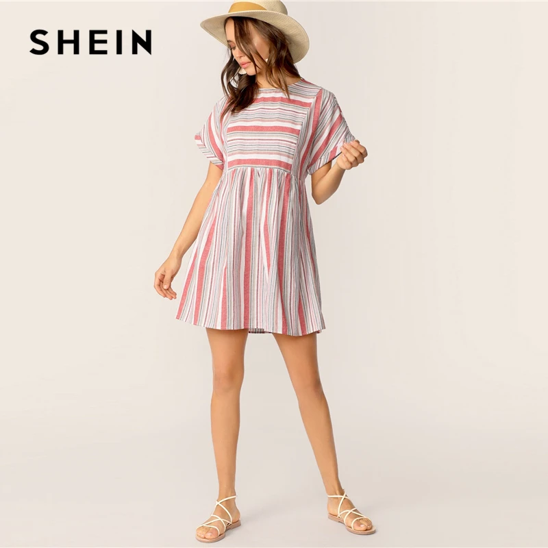 SHEIN Контрастное Полосатое Платье С Оригинальным Рукавом Женское Летнее Многоцветное Платье С Короткими Рукавами И Круглым Вырезом