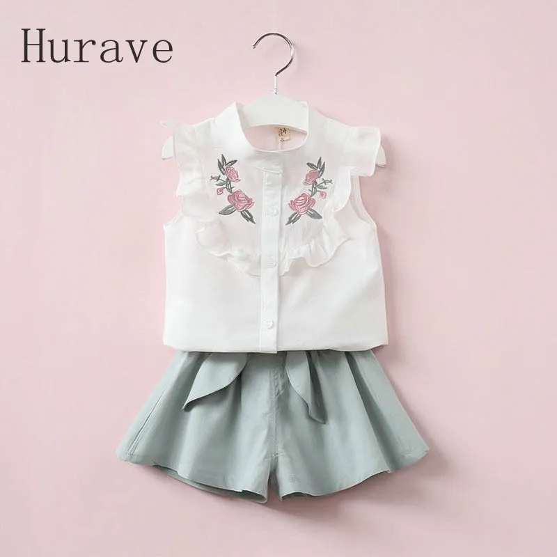 Hurave 2019 summer Korean baby girls clothing set children heart shirt+bow shorts suit 2pcs kids floral bow clothes | Мать и ребенок
