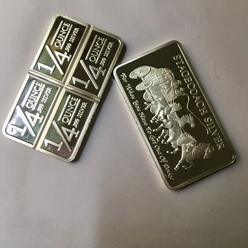 

5 Pcs Non magnetic Stagecoach silver coin 1 OZ silver plated ingot badge 50 mm x 28 mm souvenir collectible decoration bar