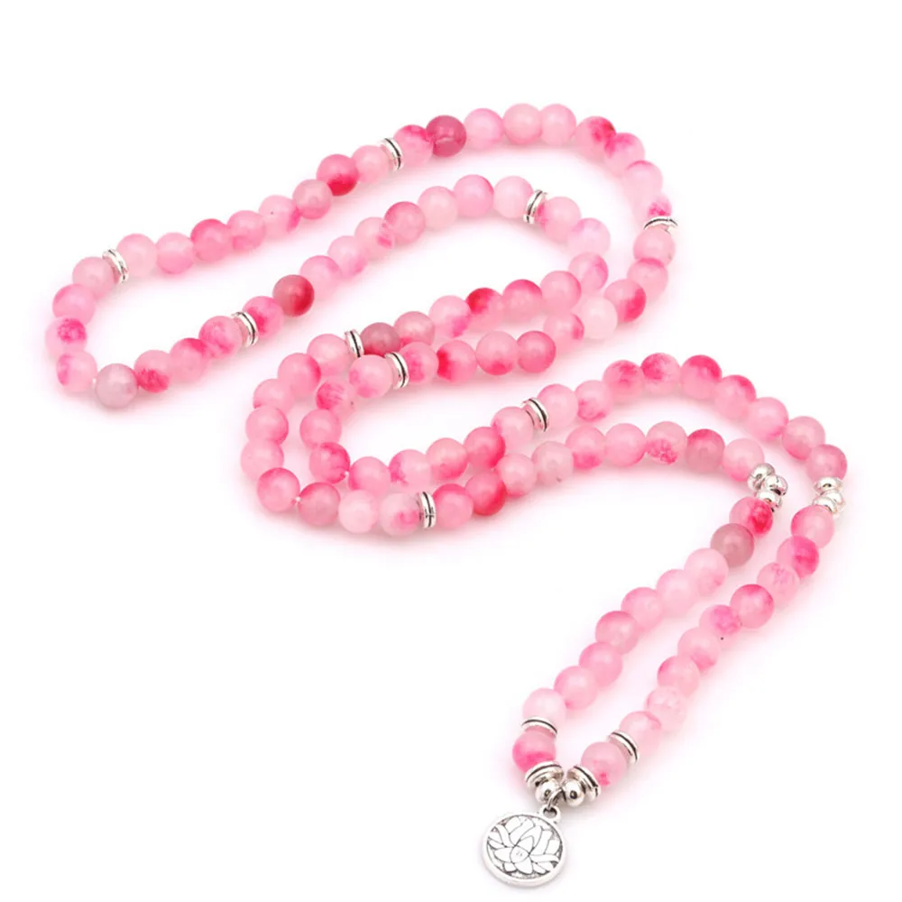 Fine 8mm Pink Natural Peach Blossom Stone Beads Necklace Energy Yoga Lotus Pendant Bracelet 108 Mala Women Meditation Jewelry | Украшения и