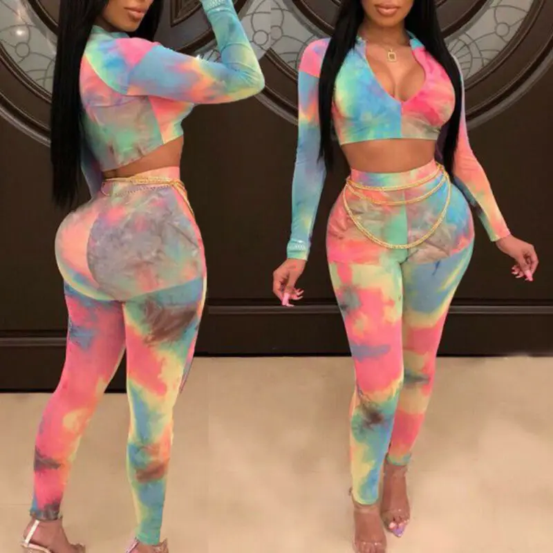 

Spring Autumn Fashion Women 2pcs Printing Outfit Set Long Sleeve Skinny V-neck Crop Tops+ Long Pants High Wasit Sexy Clothes Set